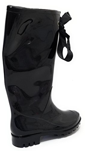 Botas de Agua Negras Elegantes Mujer Botas de Lluvia Estilosas con Lazo Decorativo Botas de Goma con Brillo Gloss Impermeables Color Negro