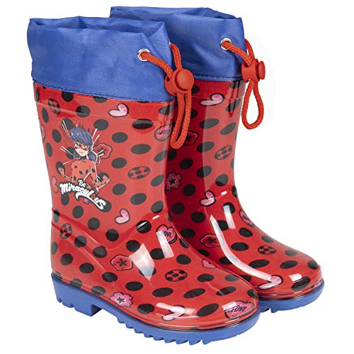 Botas de Agua Rojos Lady Bug Niña - Botines Impermeables Miraculous Fantasía de Lunares - Suela Antideslizante y Cierre con Cordón - Detalles Azul - PVC - Perletti (Rojo, 30/31 EU)