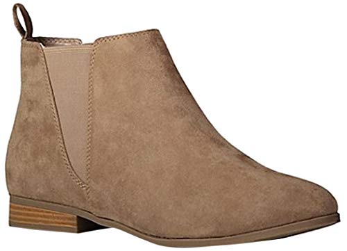 Botas de cuero sintético para mujer de gamuza de color negro y marrón con lengüeta elástica de bajo bloque de talón plano y puntera redondeada para la escuela Marrón, talla 39