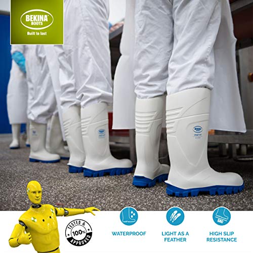 Botas de Goma de Seguridad de Calidad con Puntera de Acero desarrolladas para la Industria alimentaria, de fácil Limpieza y desinfección, Incl. Plantilla para pies Secos, Blanco, EU 43