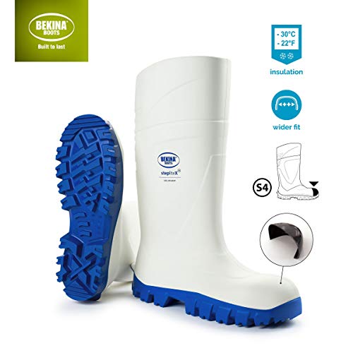 Botas de Goma de Seguridad de Calidad con Puntera de Acero desarrolladas para la Industria alimentaria, de fácil Limpieza y desinfección, Incl. Plantilla para pies Secos, Blanco, EU 43