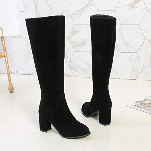 Botas de Invierno para Mujer Botas Altas hasta la Rodilla con tacón Medio de Bloque Botas largas de Pierna Ancha de Cuero para Mujer