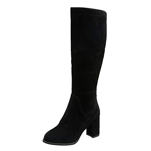 Botas de Invierno para Mujer Botas Altas hasta la Rodilla con tacón Medio de Bloque Botas largas de Pierna Ancha de Cuero para Mujer