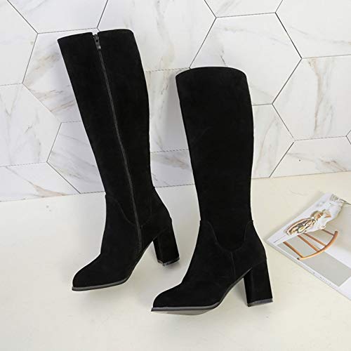 Botas de Invierno para Mujer Botas Altas hasta la Rodilla con tacón Medio de Bloque Botas largas de Pierna Ancha de Cuero para Mujer