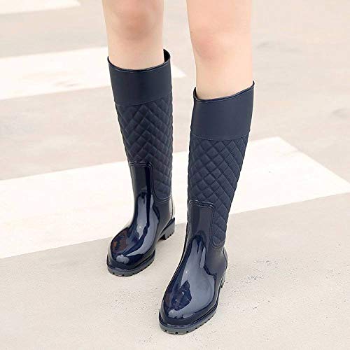 Botas De Lluvia Para Mujer,Otoño E Invierno Impermeable Antideslizante Botas De Lluvia Resbalan Sobre Mujeres Plaid Azul Decoración Tubo Medio Lluvia Zapatos Señoras Agua Ligera Y Cómoda, Zapa