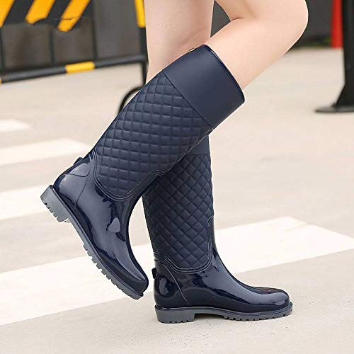 Botas De Lluvia Para Mujer,Otoño E Invierno Impermeable Antideslizante Botas De Lluvia Resbalan Sobre Mujeres Plaid Azul Decoración Tubo Medio Lluvia Zapatos Señoras Agua Ligera Y Cómoda, Zapa