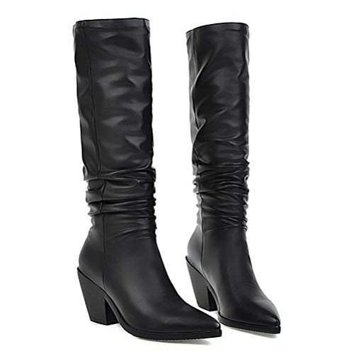 Botas de Media Pantorrilla de Mujer Corta Felpa/Terciopelo Otoño Invierno Bloque Puntiagudo Tacón Arrugas Suave Resbalón en la Rodilla Botas Altas