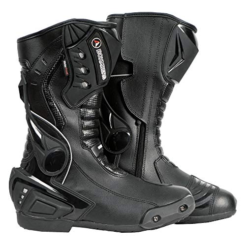 Botas de moto Hombre, botas de cuero deportivas, impermeables, de cuero, protectores rígidos integrados estables, con protección de tobillo, negro - 44