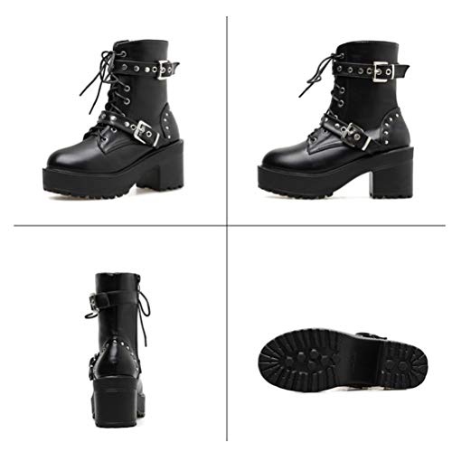 Botas de moto mujer plataforma botines otoño invierno elegante gótico botas bloque tacón encaje hasta tacones altos hebilla correa mid becerro cuero botas
