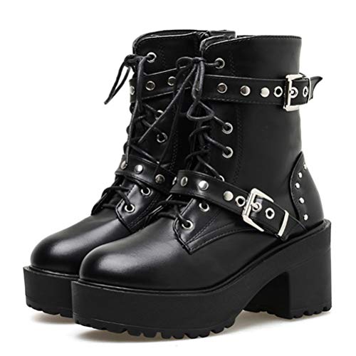Botas de moto mujer plataforma botines otoño invierno elegante gótico botas bloque tacón encaje hasta tacones altos hebilla correa mid becerro cuero botas