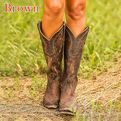 Botas de Mujer Botas de Motorista Remaches Botas de Montar de Cuero Chunky Heel Cowgirl Miami Cowboy Western Botines,B1,42