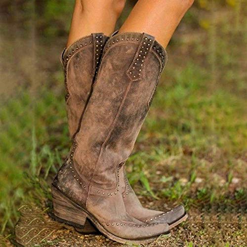 Botas de Mujer Botas de Motorista Remaches Botas de Montar de Cuero Chunky Heel Cowgirl Miami Cowboy Western Botines,B1,42