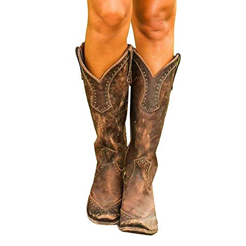 Botas de Mujer Botas de Motorista Remaches Botas de Montar de Cuero Chunky Heel Cowgirl Miami Cowboy Western Botines,B1,42