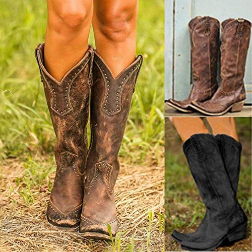 Botas de Mujer Botas de Motorista Remaches Botas de Montar de Cuero Chunky Heel Cowgirl Miami Cowboy Western Botines,B1,42