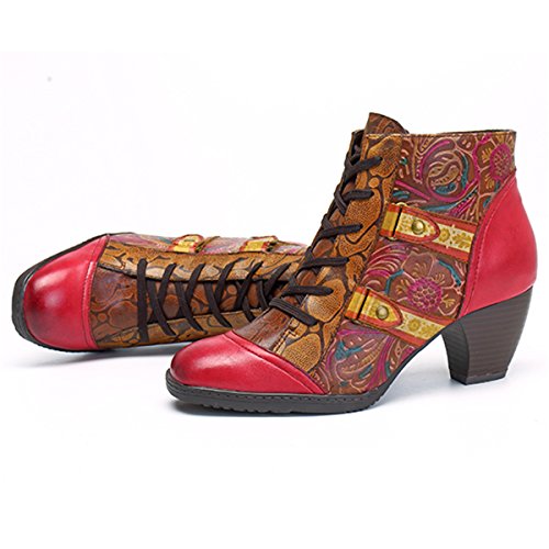 Botas de Mujer,Socofy Invierno Cuero 2019 Tacón Alto Medio Botas de Nieve Zapatos de Encaje Estilo Bohemio Urbano Original Estilo Nacional Ambiente Festivo Botines Suave Comodo,Rojo
