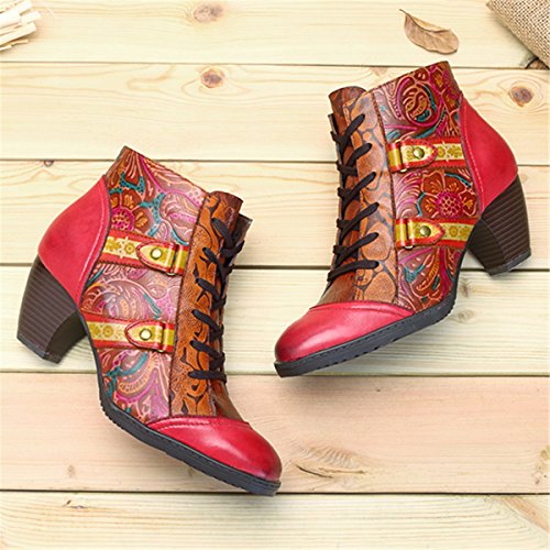 Botas de Mujer,Socofy Invierno Cuero 2019 Tacón Alto Medio Botas de Nieve Zapatos de Encaje Estilo Bohemio Urbano Original Estilo Nacional Ambiente Festivo Botines Suave Comodo,Rojo