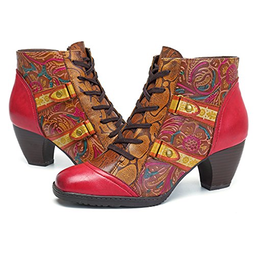 Botas de Mujer,Socofy Invierno Cuero 2019 Tacón Alto Medio Botas de Nieve Zapatos de Encaje Estilo Bohemio Urbano Original Estilo Nacional Ambiente Festivo Botines Suave Comodo,Rojo