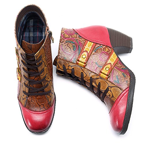 Botas de Mujer,Socofy Invierno Cuero 2019 Tacón Alto Medio Botas de Nieve Zapatos de Encaje Estilo Bohemio Urbano Original Estilo Nacional Ambiente Festivo Botines Suave Comodo,Rojo