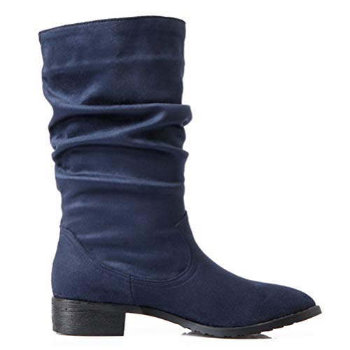 Botas de nieve para mujer Punta puntiaguda Media pantorrilla Otoño Invierno Botas cortas de felpa Botas de equitación Resbalón en tacón cuadrado Botas ecuestres