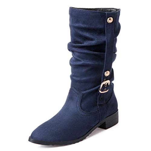 Botas de nieve para mujer Punta puntiaguda Media pantorrilla Otoño Invierno Botas cortas de felpa Botas de equitación Resbalón en tacón cuadrado Botas ecuestres