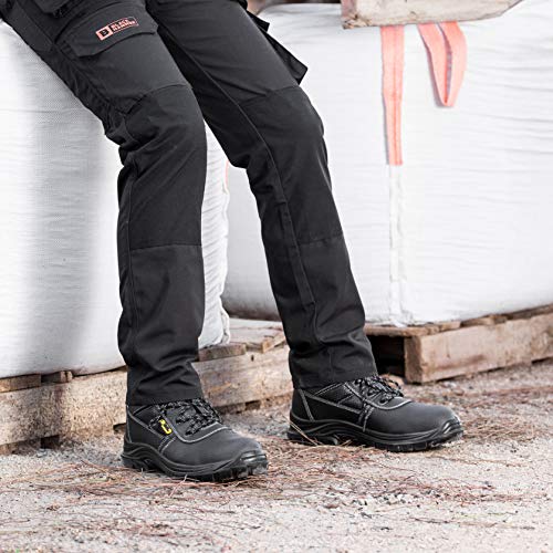 Botas de Seguridad de Cuero para Hombres Puntera de Acero Protección de Entresuela Resistente al Agua Impermeable S3 SRC Calzado de Trabajo al Tobillo de Cuero 1007 Black Hammer (45 EU)