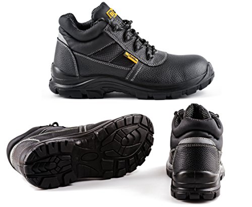 Botas de Seguridad de Cuero para Hombres Puntera de Acero Protección de Entresuela Resistente al Agua Impermeable S3 SRC Calzado de Trabajo al Tobillo de Cuero 1007 Black Hammer (40 EU)