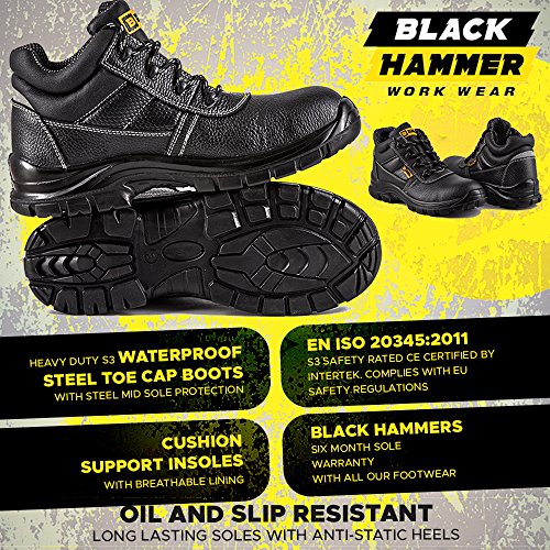 Botas de Seguridad de Cuero para Hombres Puntera de Acero Protección de Entresuela Resistente al Agua Impermeable S3 SRC Calzado de Trabajo al Tobillo de Cuero 1007 Black Hammer (40 EU)