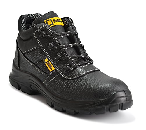 Botas de Seguridad de Cuero para Hombres Puntera de Acero Protección de Entresuela Resistente al Agua Impermeable S3 SRC Calzado de Trabajo al Tobillo de Cuero 1007 Black Hammer (40 EU)