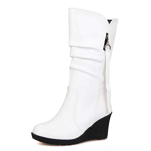 Botas de tacón de cuña para Mujer Punta Redonda Otoño Invierno Corto Felpa Señoras Calzado de Fiesta Cremallera Lateral Media Pantorrilla Botas cómodas