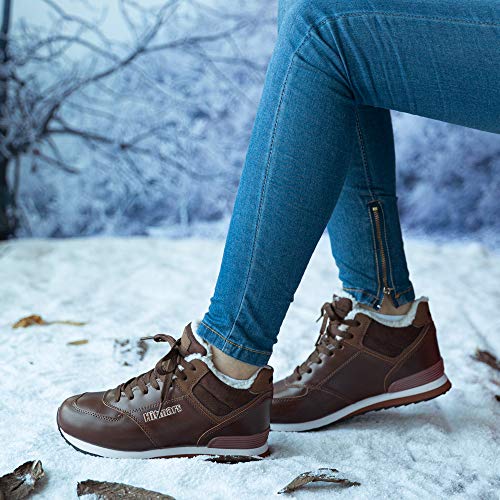 Botas Invierno Mujer Hombre Botines de Nieve Planos Zapatillas Calentitas Trekking Boots Cordones Zapatillas Planas Antideslizante Casuales Calzado Marrón Talla 38 EU