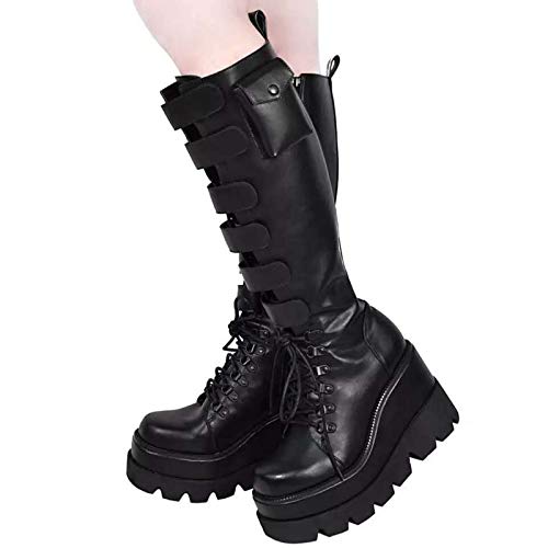 Botas Mujer Altas Rodilla Estilo Motero Invierno Rebajas Baratas Militar de Piel Hebilla de Moto Elegantes Trekking Antideslizante
