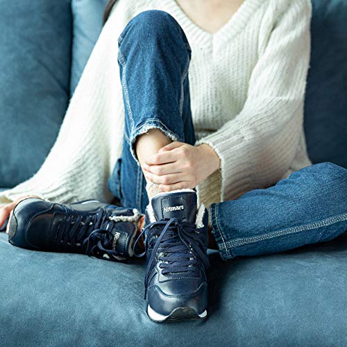 Botas Mujer Invierno Calentitas Zapatos Hombre Invierno Forro Comodos Botines Nieve con Cordones Planas 1 Azul-PU Talla 43 EU