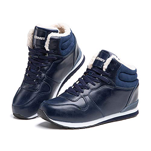 Botas Mujer Invierno Calentitas Zapatos Hombre Invierno Forro Comodos Botines Nieve con Cordones Planas 1 Azul-PU Talla 43 EU