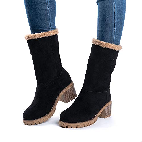 Botas Mujer Invierno Forradas Cálidas Botines Serraje Tacón Ancho Medio 6CM Plataforma Zapatos Nieve Cómodos Casual Negro EU 38