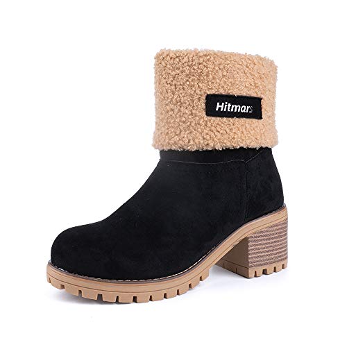 Botas Mujer Invierno Forradas Cálidas Botines Serraje Tacón Ancho Medio 6CM Plataforma Zapatos Nieve Cómodos Casual Negro EU 38