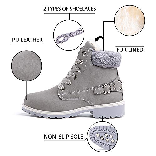 Botas Mujer Invierno Nieve de Cuero PU Zapatos Planas Calentar Piel Forro Cordones Botas Senderismo Snow Boots Outdoor Negro Caqui Gris Rosa 36-43 EU