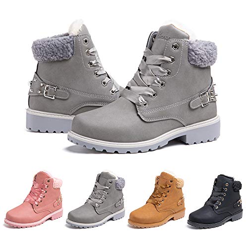 Botas Mujer Invierno Nieve de Cuero PU Zapatos Planas Calentar Piel Forro Cordones Botas Senderismo Snow Boots Outdoor Negro Caqui Gris Rosa 36-43 EU