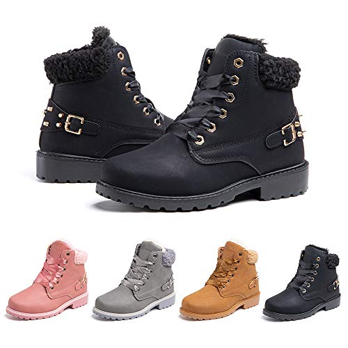 Botas Mujer Invierno Nieve de Cuero PU Zapatos Planas Calentar Piel Forro Cordones Botas Senderismo Snow Boots Outdoor Negro Caqui Gris Rosa 36-43 EU