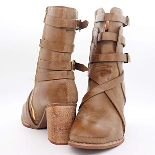 Botas Mujer Invierno Zapatos de Tacón Alto para Mujeres Romano Estilo Retro Zapatos Casuales Cremallera Cuero Botines Cómodo Calzado Informal 35-43 riou