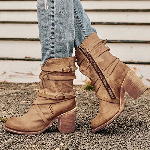 Botas Mujer Invierno Zapatos de Tacón Alto para Mujeres Romano Estilo Retro Zapatos Casuales Cremallera Cuero Botines Cómodo Calzado Informal 35-43 riou