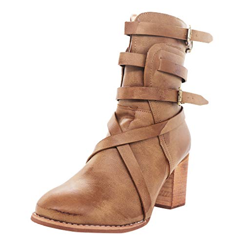 Botas Mujer Invierno Zapatos de Tacón Alto para Mujeres Romano Estilo Retro Zapatos Casuales Cremallera Cuero Botines Cómodo Calzado Informal 35-43 riou