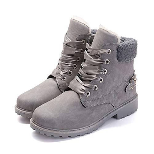Botas Nieve Mujer Invierno Calentar Piel Forro Botines Retro Snow Boots Cordones Zapatillas Planas Ankle Boots Negro Caqui Gris Rosa 36-43 Gris 42