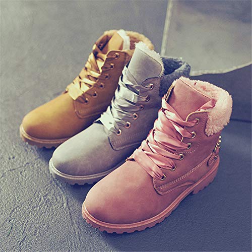 Botas Nieve Mujer Otoño Invierno Calentar Piel Forro Botines Retro Snow Boots Cordones Zapatillas Planas Rosa 36