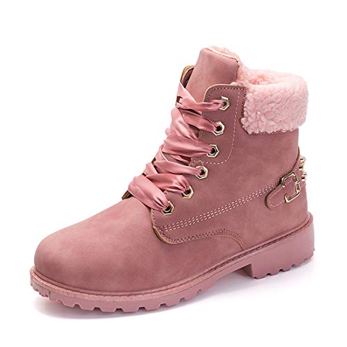 Botas Nieve Mujer Otoño Invierno Calentar Piel Forro Botines Retro Snow Boots Cordones Zapatillas Planas Rosa 36