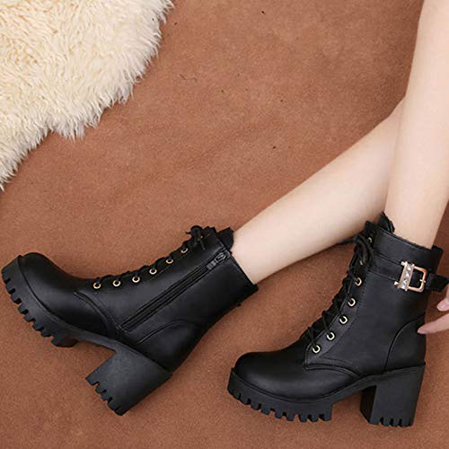 Botas para Mujer Moda Otoño Invierno Punta Redonda Hebilla Correa Cuadrados Tacones Altos Punta Redonda con Cordones Botines de Plataforma gótica