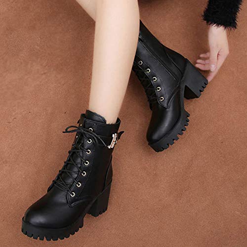 Botas para Mujer Moda Otoño Invierno Punta Redonda Hebilla Correa Cuadrados Tacones Altos Punta Redonda con Cordones Botines de Plataforma gótica