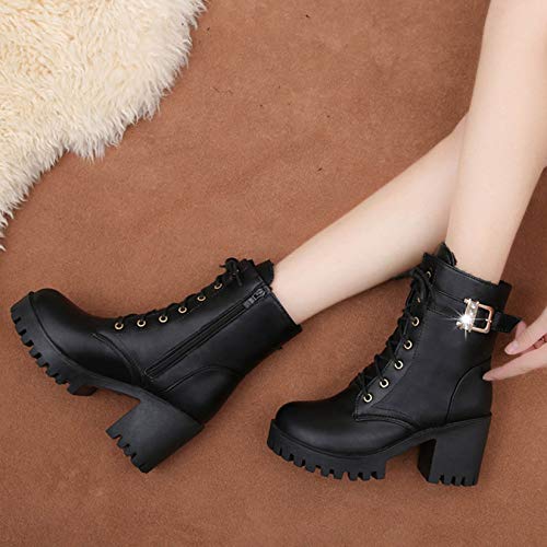 Botas para Mujer Moda Otoño Invierno Punta Redonda Hebilla Correa Cuadrados Tacones Altos Punta Redonda con Cordones Botines de Plataforma gótica