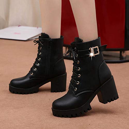 Botas para Mujer Moda Otoño Invierno Punta Redonda Hebilla Correa Cuadrados Tacones Altos Punta Redonda con Cordones Botines de Plataforma gótica
