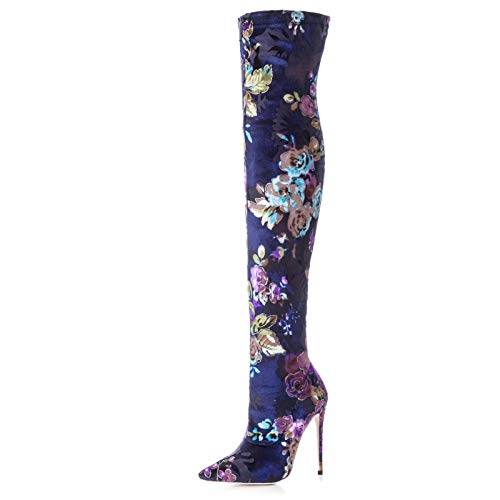 Botas por Encima de La Rodilla con Estampado Bohemia para Mujer, Botas Altas hasta El Muslo para Mujer, Botas de Becerro Elásticas con Punta Puntiaguda Tacón de Aguja para Mujer,Azul,36