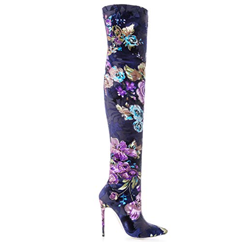 Botas por Encima de La Rodilla con Estampado Bohemia para Mujer, Botas Altas hasta El Muslo para Mujer, Botas de Becerro Elásticas con Punta Puntiaguda Tacón de Aguja para Mujer,Azul,36